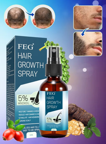 FEG 60ml Hair Growth Spray & Beard Roller – 5% Minoxidil Serum for Hair & Beard Growth, Hair Loss Treatment